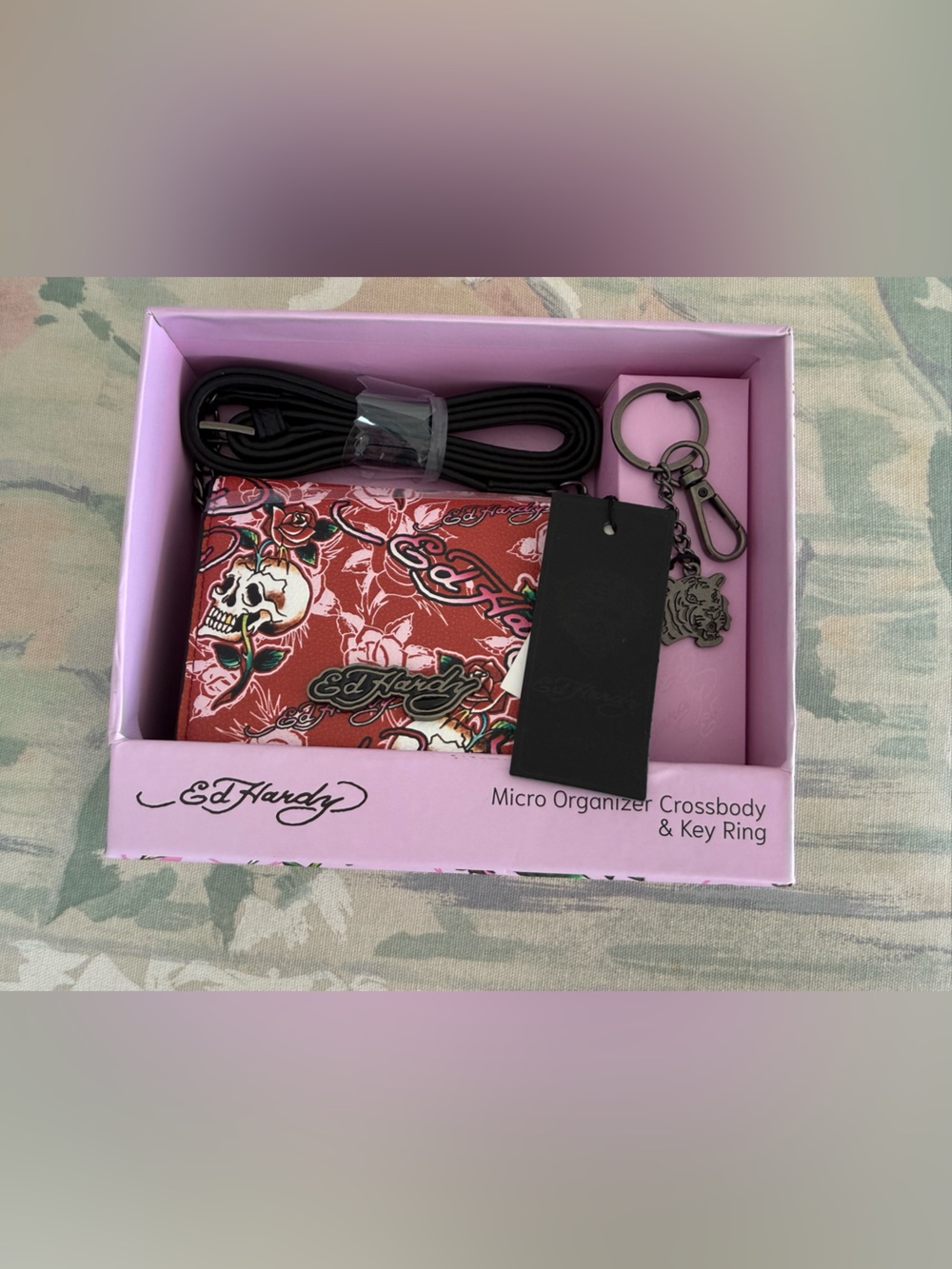 Ed Hardy Red Floral Skull Micro Organizer with Black Strap